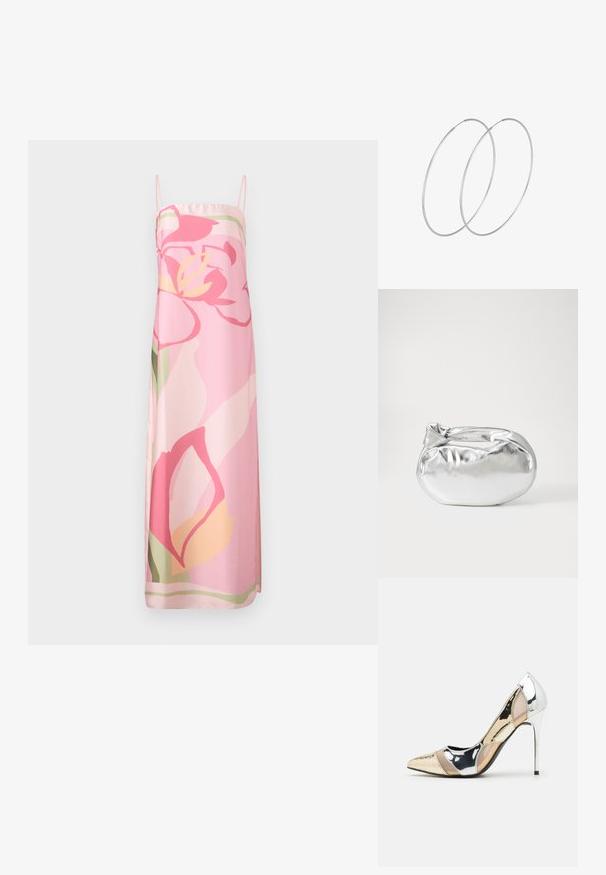 Bešalčio rožinė suknelė su gėlių raštu rožinės, geltonos ir žalios spalvų atspalviais. Pagaminta iš lygaus audinio, turinti tiesią siluetą.; Aštrus pirštas aukštakulnis batelis su sidabro, aukso ir nuogų spalvų deriniu. Blizgus paviršius su išpjovos dizainu, su stiletto kulnu.; Sidabrinė metalinė maišelio forma su švelnia, apvalia forma ir mazgu užveriamu viršumi. Pagaminta iš lygios dirbtinės odos medžiagos.; Sidabrinės pusmėnulio auskarai minimalistiniu dizainu. Apskritimo forma, lygus paviršius ir plonas profilis. Lengvi su poliruotu apdailu.