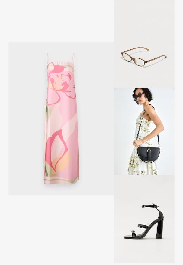 Bez rukava, ružičasta haljina s cvjetnim uzorkom u nijansama ružičaste, žute i zelene. napravljena od glatkog materijala s ravnim siluetom.; Crne lakirane sandale na pete sa kvadratnim nosom, trakama oko gležnja i srebrnim kopčama. Imaju čvrst blok petu za stabilnost.; Smeđe skupe naočale s ovalnim lećama, tankim drškama i prozirnim akcentima. Ima suptilan logo na sljepoočnici. Elegantan, lagan dizajn.; Crna kožna torba s lukovitim oblikom, odvojivim remenom i zlatnim detaljima. Torba ima preklop s kopčom.