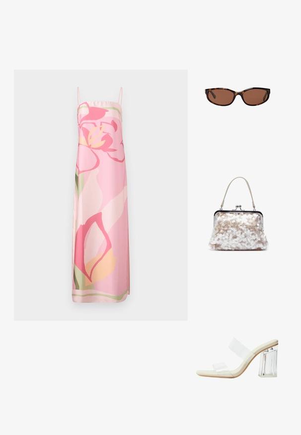 Różowa sukienka bez rękawów z kwiatowym wzorem w odcieniach różu, żółci i zieleni. Wykonana z gładkiego materiału o prostym kroju.; Przezroczyste sandały na obcasie z przezroczystymi paskami, beżową wkładką oraz masywnym przezroczystym blokowym obcasem. Elegancki i gładki design o minimalistycznej estetyce.; Okulary przeciwsłoneczne w kolorze żółwia z brązowymi soczewkami, o eleganckim owalnym kształcie i połyskującym wykończeniu. Posiadają subtelne srebrne akcenty na oprawkach.; Torebka kopertówka obszyta cekinami z miękkim beżowym dnem, pokryta białymi okrągłymi cekinami, metalowa rama i kremowy uchwyt.