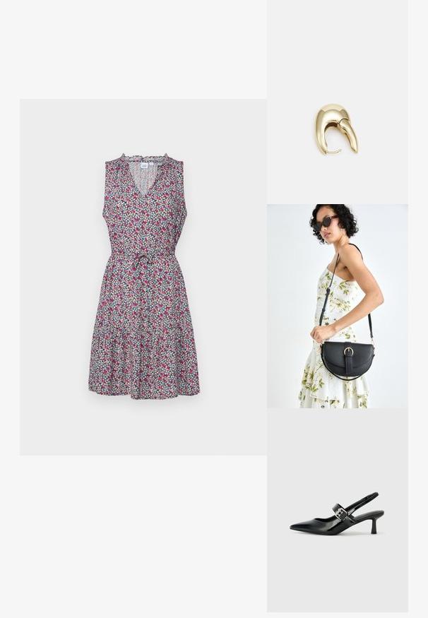 GAP ZEN EWAIST - Freizeitkleid - pink multi floral; Schwarze Lackleder Slingback-Absätze mit spitzem Zeh und kleinem Blockabsatz, ausgestattet mit einem silbernen Schnallenakzent am Riemen.; Schwarze Lederhandtasche mit geschwungener Form, abnehmbarem Tragegurt und goldenen Beschlägen. Die Tasche verfügt über einen Deckel mit einer Schnallen-Details.; Ohrringe aus goldfarbenem Metall mit einem schlanken, geschwungenen Design. Sie verfügen über eine markante, spitze Form, eine polierte Oberfläche und einen Scharnierverschluss.