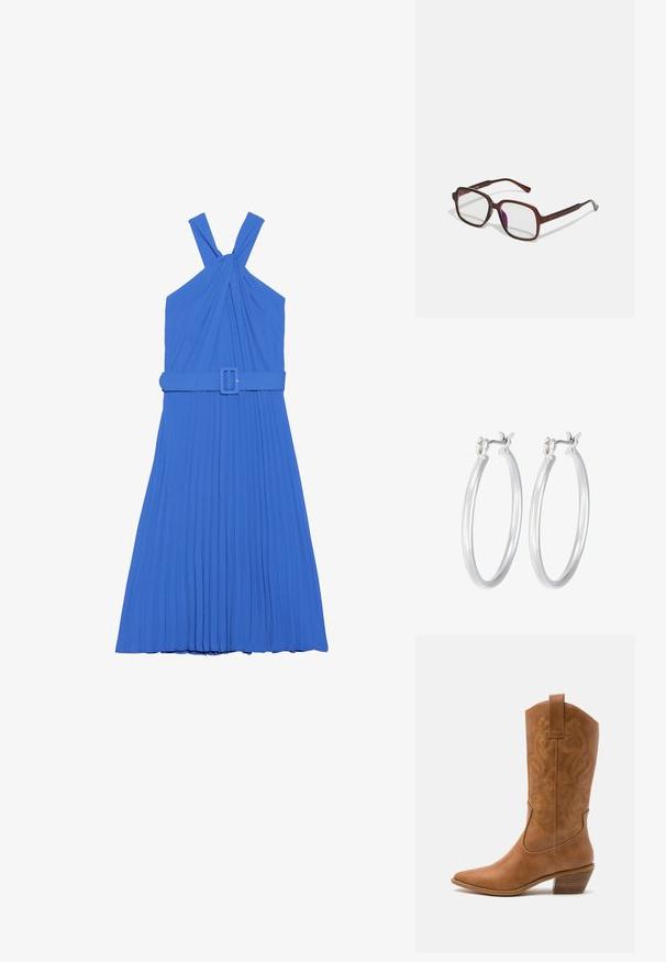 Plava plisirana haljina s dizajnom s preklopom oko vrata, koja ima vezane trake i odgovarajući pojas u struku. Glatka tekstura tkanine.; Smeđe kožne kaubojke s oštrim nosom, izvezenim spiralnim uzorcima na gornjem dijelu i blok petom. Imaju potporu za lakše obuvanje.; Smeđe, pravokutne naočale s prozirnim lećama i ljubičastim nijansama. Glatki plastični okvir sa ravnim skrambljima i suptilnim akcentsima.; Srebrne kružne naušnice s glatkom, poliranom površinom. Okrugli oblik i sigurno kopčanje na klik. Lagani dizajn pogodan za svakodnevno nošenje.
