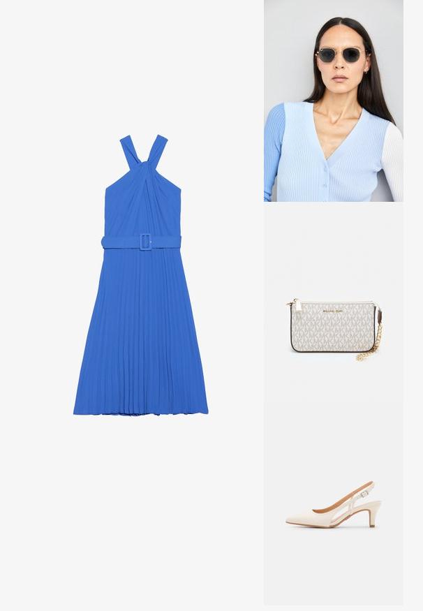 Vestido plissado azul com um design de decote halter, apresentando alças atadas e um cinto combinando na cintura. Textura de tecido suave.; Sandal com salto branco, ponta afilada, material superior liso, salto bloco baixo e design com recortes laterais, com tira ajustável.; Óculos de sol redondos com lentes escuras e armação dourada. O modelo usa um cardigan canelado azul claro com botões e mangas brancas em contraste.; Pochete Michael Kors em tela revestida bege com padrão repetido do logotipo MK, ferragens douradas e uma alça de corrente destacável.