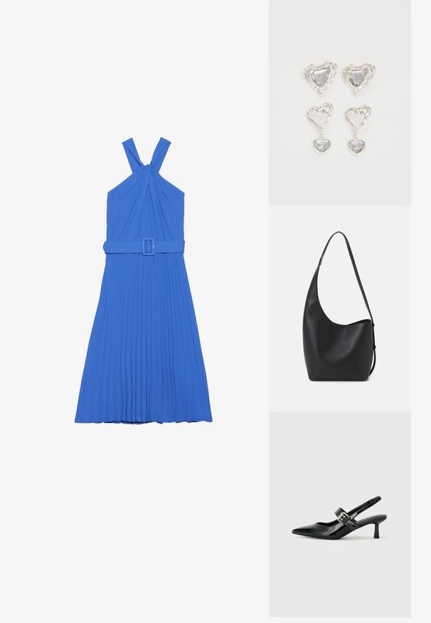 Blå plissert kjole med halterneck-design, med knyttede stropper og et matchende belte i livet. Jevn stofftekstur.; Svarte patent lær slingback hæler med spiss tå og en liten blokkheel, med en sølvspenne som detalj på stroppen.; Svart lær hobo-veske med glatt tekstur, buet form og enkelt justerbart stropp; har en bred åpning på toppen.; Sølv hjerteformede øredobber har fasetterte klare steiner med en teksturert ramme. Sett inkluderer både stud- og hengende stiler.