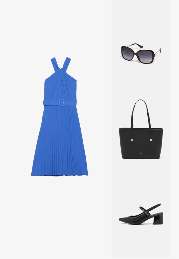 Plava plisirana haljina s dizajnom s preklopom oko vrata, koja ima vezane trake i odgovarajući pojas u struku. Glatka tekstura tkanine.; Crne lakirane slingback visoke potpetice s šiljastim vrhom, zaobljenim izrezom i blok potpeticom. Sadrži akcent zlatnog tona s kopčom.; Crne prevelike sunčane naočale s gradijentnim lećama, debelim okvirom i zlatnim lancem kao detaljem na krakovima.; Crna torba od sintetičkog materijala, s jednostavnim pravokutnim dizajnom, zlatnim kvadratnim detaljima i dvostrukim ručkama.