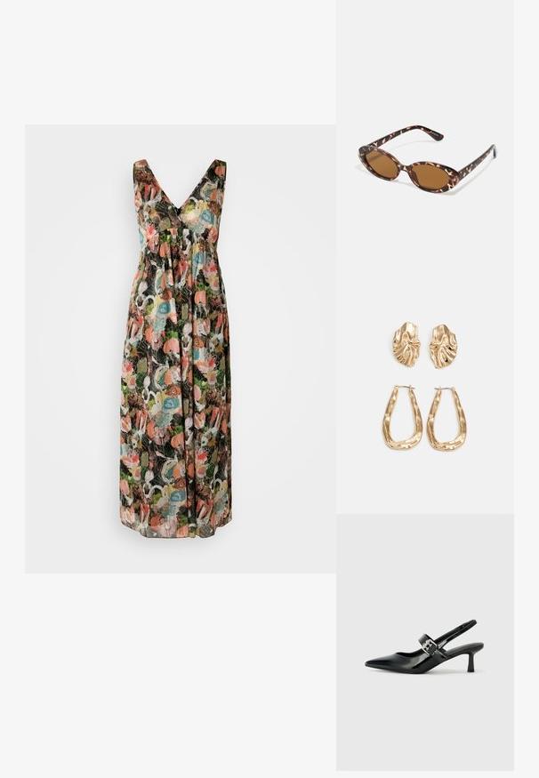 DRYKORN MAURIA - Denní šaty - black/multi-coloured; Černé lakované boty na podpatku typu slingback s špičatou špičkou a malým blokovým podpatkem, které mají na pásku stříbrný přezkový akcent.; Sluneční brýle s želvovinovým vzorem a oválnými skly, hnědě tónovanými, tenké nožičky s texturovaným vzorem, lehký plastový rám.; Náušnice ve zlatém tónu s texturovanými, vlnitými tvary. Obsahují sochařské klipy a design otevřeného kruhu s kladivkovým povrchem.