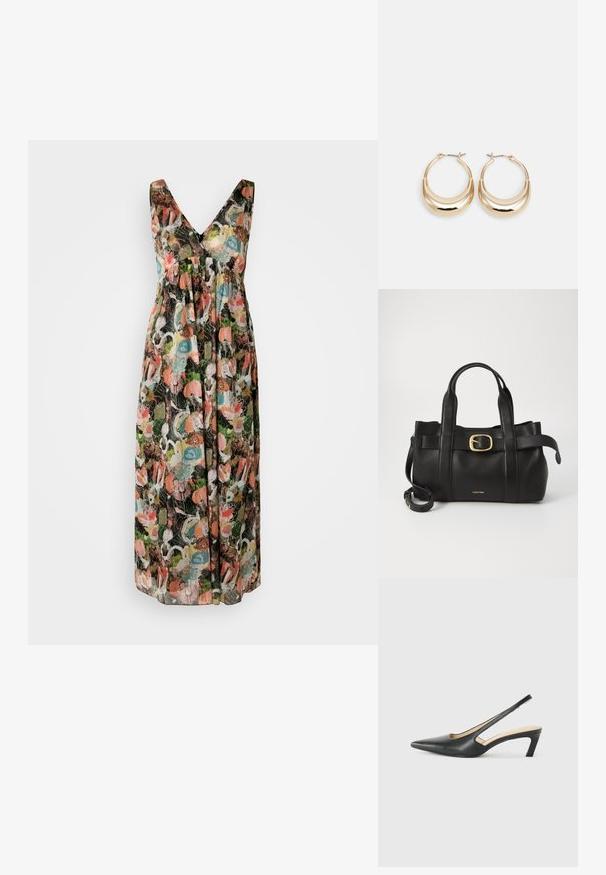 DRYKORN MAURIA - Dnevna obleka - black/multi-coloured; Črne čevlje s koničastimi nosovi in slingback obliko z nizko peto, izdelane iz gladke usnjene materiale ter s črtasto zasnovo na strani za prezračevanje.; Črna usnjena torba s strukturirano zasnovo, dvojni zgornji ročaji, zlato-tonirni zaponka kot dodatek in vtisnjeni logotip blagovne znamke spredaj.; Zlato obarvani uhani v obliki obroča s polmesecem, polirna površina in zaklepanje s tečajem. Gladka tekstura in odsevna površina povečujeta vidnost.