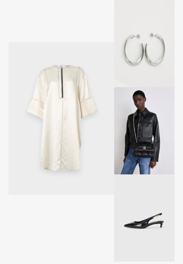 Beige Tunika-Kleid aus glattem Stoff. Mit einem halblangen Reißverschluss, weiten Ärmeln, seitlichen Schlitzen und kontrastierenden Nähdetails.; Schwarze Leder-Slingback-Pumps mit spitzem Schuhblatt, ausgestattet mit einem schlanken Absatz und einem goldfarbigen Akzent am verstellbaren Riemen. Glatte Textur.; Schwarze Lederjacke mit Knopfverschluss und zwei vorderen Taschen, kombiniert mit einer schwarzen gesteppte Handtasche mit goldener Schnalle und Kettenriemen.; Silberne Creolen mit einem glatten, geschwungenen Design. Mit einem glänzenden metallischen Finish und Steckverschluss. Keine sichtbaren Muster oder Akzente.