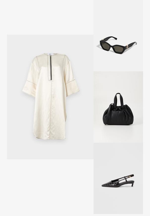 Béžová tuniková šaty vyrobené z hladkej tkaniny. Obsahujú zips na pol dĺžky, široké rukávy, bočné rozparky a kontrastné stehy.; Čierna kožená topánka s úzkym špičatým nosom, s popruhom na päte, krokodílovou textúrou, malým zúženým podpätkom a nastaviteľným popruhom s detailom kovovej spony.; Tommy Hilfiger Slnečné okuliare - black; Čierna kožená kabelka so zberaným vrchom, s dvoma krátkymi držadlami a dlhým nastaviteľným popruhom. Hladká textura, zaoblený tvar.