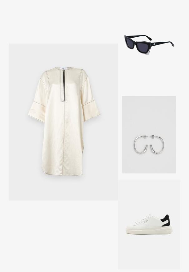Béžová tuniková šaty vyrobené z hladkej tkaniny. Obsahujú zips na pol dĺžky, široké rukávy, bočné rozparky a kontrastné stehy.; Biele kožené tenisky s hrubou bielou podrážkou, čiernym zamekom na päte a vyrazeným logom na boku. Šnurovací dizajn so šiestimi očkami.; Čierne oversized slnečné okuliare s geometrickým tvarom, s tmavými šošovkami a kontrastným šedým detailom na ráme. Logo na mostíku.; Strieborné kruhové náušnice s hladkým a lesklým povrchom. Okrúhly tvar, ľahký dizajn, s uzáverom na kolík.