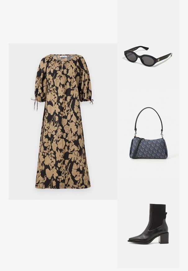 Sukienka w kwiatowy wzór w kolorze czarnym i beżowym, o luźnym kroju, z bufkami i regulowanymi sznurkami przy mankietach. Wykonana z lekkiego materiału.; Czarny botek za kostkę z zaostrzonym noskiem, wykonany z gładkiej skóry i elastycznego materiału. Posiada blokowy obcas i minimalistyczny design.; Czarne okulary przeciwsłoneczne w owalnym kształcie z ciemnymi szkłami i błyszczącą plastikową oprawką. Posiadają złote logo na zausznniku, co nadaje im elegancki i nowoczesny wygląd.; Niebieska torebka wzorzysta, wykonana z tkaniny, o zaokrąglonym kształcie, z czarnym skórzanym uchwytem i logo zaprojektowanym w jaśniejszym odcieniu.