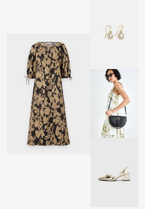 Blumenkleid in Schwarz und Beige, mit lockerer Passform, Puffärmeln und verstellbaren Bändern an den Manschetten. Aus leichtem Stoff gefertigt.; Goldene, metallische Slingback-Absätze mit spitzem Zeh und dicker Ferse. Glatte Textur, minimalistisches Design und ein schmaler Riemen.; Schwarze Lederhandtasche mit geschwungener Form, abnehmbarem Tragegurt und goldenen Beschlägen. Die Tasche verfügt über einen Deckel mit einer Schnallen-Details.; Goldfarbene Ohrringe mit ovalen klaren Kristallen, die von kleineren klaren Steinen umgeben sind, und einem Haken-Design für sicheren Halt.