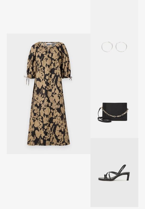 Rochie cu model floral în negru și bej, având o croială lejeră, mâneci bufante și șnururi ajustabile la manșete. Fabricată dintr-un material ușor.; Sandal cu barete negre, cu vârf pătrat și toc mic de bloc. Prezintă mai multe barete subțiri și o bareta ajustabilă la gleznă. Fabricat din piele netedă.; Geantă de umăr din piele neagră, cu o textură netedă, formă rectangulară și un detaliu din lanț metalic în față. Include curea reglabilă.; Cercei din argint cu un design elegant și rotund, având o suprafață netedă și fără embellismente vizibile. Diametrul nu este specificat.