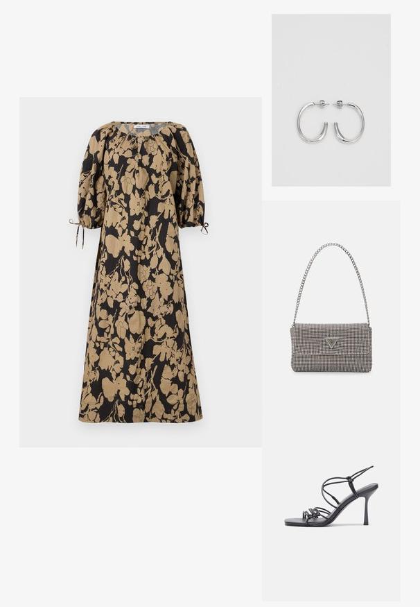 Floral-patterned dress in black and beige, featuring a loose fit, puff sleeves, and adjustable ties at the cuffs. Made of lightweight fabric.; Black high-heeled sandals feature thin straps with a knotted design, a smooth square toe, and a sleek stiletto heel.; Light gray metallic handbag featuring a chain strap, embellished with small circular metallic studs and a triangular brand logo.; Silver hoop earrings with a smooth, shiny surface, featuring a curved shape and post-back closure. Minimalist design with a modern finish.