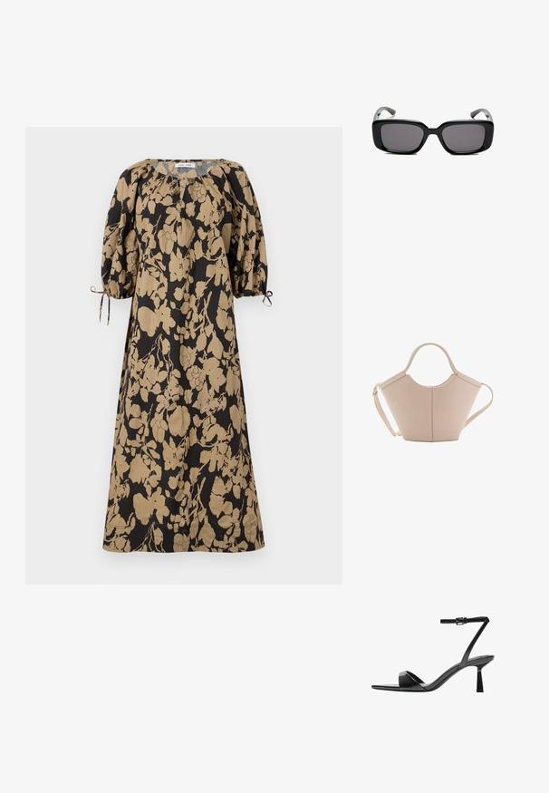 Een jurk met bloemenpatroon in zwart en beige, met een losse pasvorm, pofmouwen en verstelbare sluitingen bij de mouwen. Gemaakt van lichtgewicht stof.; Bershka Sandalen met hoge hak - black; Zwarte rechthoekige zonnebril met donkere lenzen, een gladde kunststof montuur en gebogen pootjes. Het ontwerp is robuust met een minimalistische esthetiek.; Beige leren handtas met een unieke vorm, voorzien van twee korte handvatten en een lange verstelbare schouderriem. Glad oppervlak met minimale hardware.