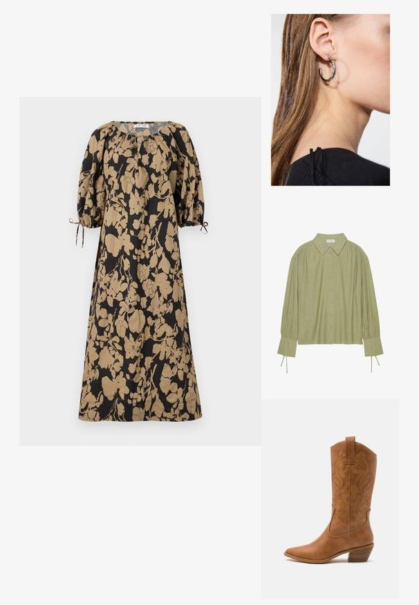 Robe à motif floral en noir et beige, avec une coupe ample, des manches bouffantes et des liens ajustables aux poignets. Fabriquée en tissu léger.; Chemise à manches longues vert clair avec un devant boutonné, un col, un tissu texturé et des détails de cravate aux poignets. Conception à ourlet droit.; Bottes de cow-boy en cuir tan avec un bout pointu, des motifs en spirale brodés sur la tige, et un talon bloc empilé. Équipées d'une languette pour un enfilage facile.; Boucle d'oreille en argent avec une finition polie, présentant de petits détails en or et de forme ronde, portée sur le lobe.