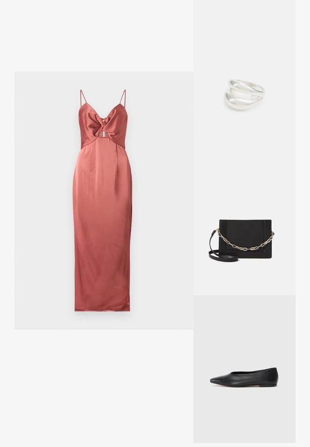 Malina PATRIZIA CUT OUT SLIP MAXI - Occasion wear - terracotta; Black leather ballet flat, pointed toe, minimalistic design, smooth texture, low-profile heel, no visible hardware or embellishments.; Black leather crossbody bag featuring a smooth texture, rectangular shape, and a metallic chain detail on the front. Adjustable strap included.; Silver double-band ring with a smooth, polished surface. Features a fluid, curved design with overlapping sections for a modern look.