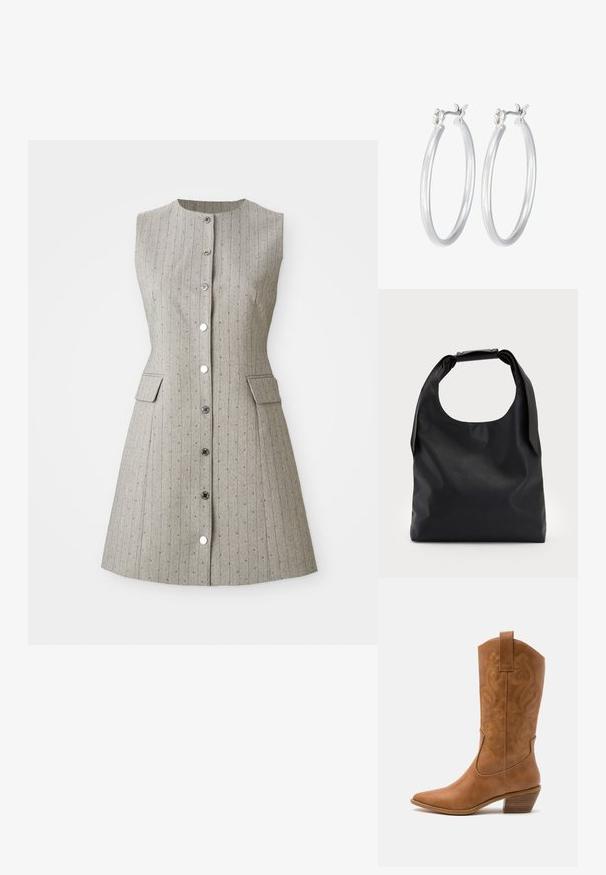Bez rękawów szara sukienka z pionowymi paskami, okrągłym dekoltem, z przodu zapięciem na guziki, dwoma bocznymi kieszeniami i dopasowanym krojem.; Brązowe skórzane kowbojki z wyciągniętym nosem, haftowanymi wzorami spiralnymi na cholewie oraz blokowym obcasem. Posiadają pętlę ułatwiającą zakładanie.; Czarna skórzana torebka z dużym, otwartym górnym otworem i pojedynczym paskiem na ramię. Miękka tekstura, minimalistyczny design, subtelne akcenty z metalu.; Srebrne kolczyki w formie kółek o gładkim, polerowanym wykończeniu. O okrągłym kształcie i pewnym zapięciu na klik. Lekka konstrukcja odpowiednia do codziennego noszenia.