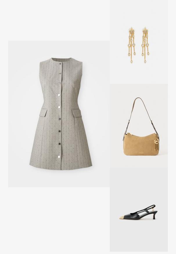 Bez rękawów szara sukienka z pionowymi paskami, okrągłym dekoltem, z przodu zapięciem na guziki, dwoma bocznymi kieszeniami i dopasowanym krojem.; Czarne skórzane buty slingback z wysmuklonym noskiem i złotą metalową czubkiem. Posiadają wycięcia w designie oraz smukły obcas z regulowanym paskiem.; Beżowa zamszowa torebka na ramię o zaokrąglonym kształcie, ze złotymi elementami i zamkiem błyskawicznym. Posiada dołączony charms z inicjałami "MK."; Złote kolczyki z wieloma kaskadowymi łańcuszkami, z przezroczystymi owalnymi akcentami z rhinestone'ów oraz ozdobnymi sztyftami.