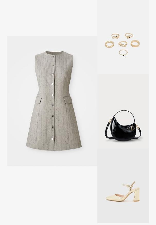 Pilkos be rankovių suknelė su vertikaliomis juostelėmis, apvaliu iškirpimu, priekiniais sagomis, dviem šoninėmis kišenėmis ir prigludusia siluetu.; Auksinės metalinės kulninės bateliai su smailiu nosiu, kulkšnies dirželis su apvaliu užsegimu ir masyvus kulnas. Lygus paviršius.; Juodas patentuotas odinis rankinukas su išlenkta forma, reguliuojamu diržu ir auksinių tonų detale šone. Lygus, blizgus paviršius.; Šeši auksiniai žiedai su įvairiais dizainais: pinti, lapų motyvai ir monolitiniai žiedai; kai kurie su žalios spalvos brangakmenių akcentais.