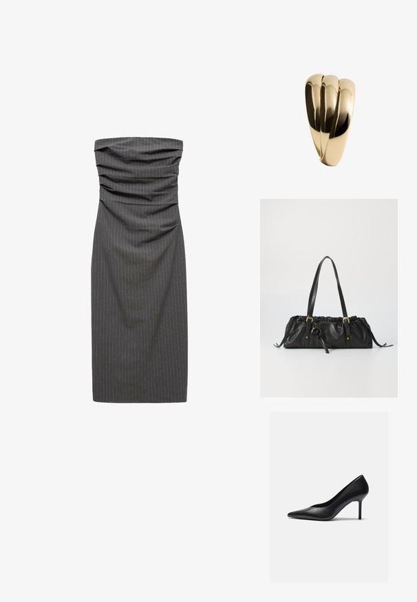 Obleka brez naramnic, ki se prilega telesu, iz temno sive tkanine s črtami. Ima zbrano dekoracijo na bodiču in ravno silhueto.; Črne usnjene visoke petke z ostrim nosom in vitkim stiletom, z gladko teksturo in minimalističnim dizajnom.; Črna usnjena torbica z nabranim vrhom, dvema naramnima trakom, zlatom tonirano kovinsko opremo in osrednjim krožnim okrasom. Gladka tekstura, kompaktné obliko.; Mango Zapestnica - gold-coloured