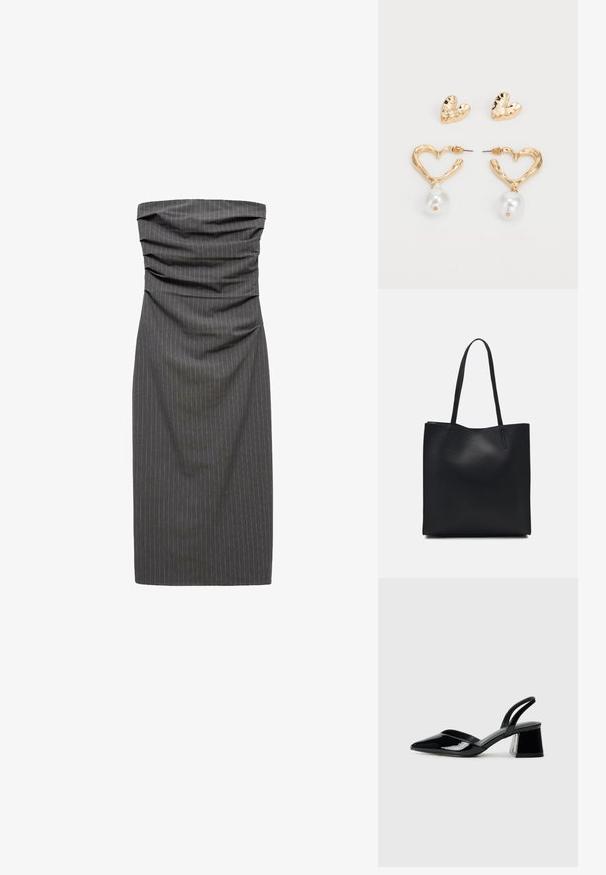 Strapless, form-fitting dress in dark gray pinstriped fabric. Features gathered detailing at the bodice and a straight silhouette.; Black patent leather slingback heels with a pointed toe and a geometric block heel. Features a sleek, minimal design and smooth texture.; Black leather tote bag with smooth texture, rectangular shape, and two long handles. No visible hardware or embellishments.; Gold-tone heart-shaped earrings with a textured finish, featuring a hanging pearl accent. Includes matching heart stud earrings.