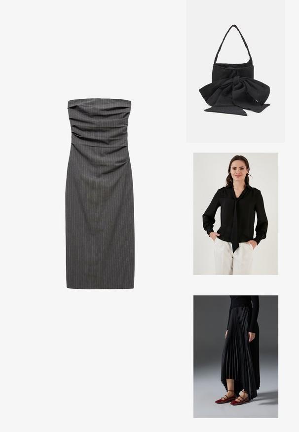 Šaty bez ramienok, priliehavé v tmavošedej látke s prúžkami. Obsahujú zberané detaily v oblasti živôtika a rovný strih.; Čierna hodvábna blúzka s dlhými rukávmi, výstrihom do V a detailom na viazanie pri golieri. Má zberané manžety a hladký povrch.; Čierna plisovaná sukňa s vysokým a nízkym lemom, skombinovaná s lesklými červenými balerínami s dizajnom remienkov. Tkanina má hladkú textúru.; Čierna textilná kabelka s viazanou mašľou, zaobleným tvarom, textúrovaným povrchom s drobnými vzormi a jedným tenkým uchom.