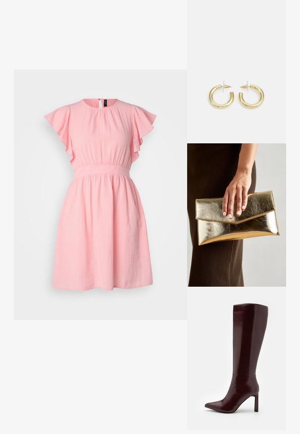 Rozā īss kleitā ar plandošām piedurknēm, apaļu kakla izgriezumu, iešūtām vidukļa daļu un plūstošu svārku. Izgatavota no viegla, teksturēta auduma.; Even&Odd Zābaki - dark red; Zelta metalizēta sajūga soma ar gludu tekstūru, kuru rotā trīsstūrveida vāks. Rokai, kas to tur, ir kārtīgi apgriezti nagi.; Zelta auskari ar gludu, spīdīgu apdari. Apaļš dizains, kas ietver mazu tapu un caurspīdīgu pamatni drošai valkāšanai.