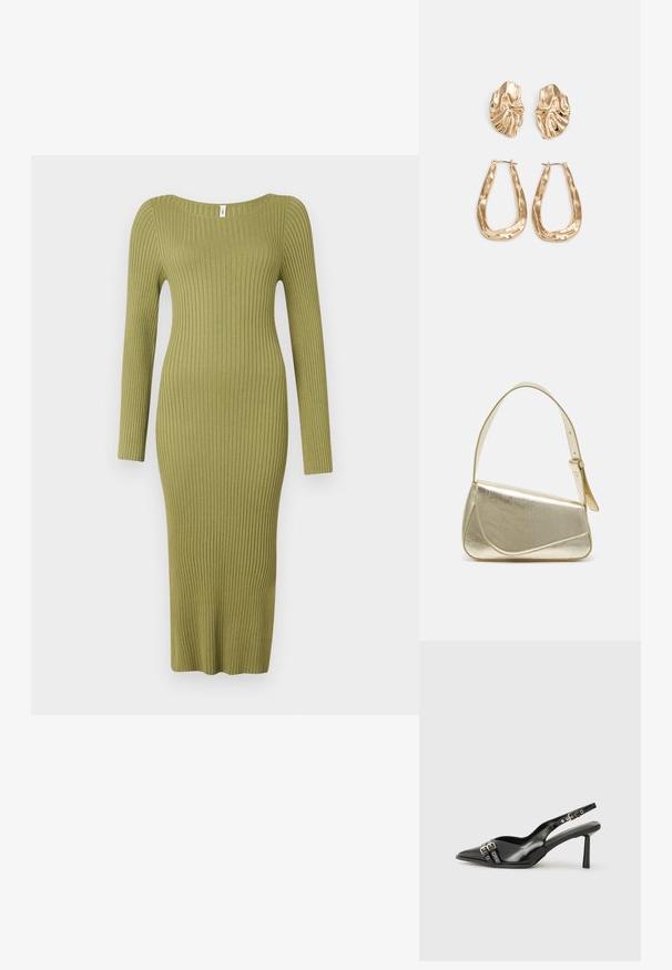 Ribētu adītu kleitu olīvzaļā krāsā ar iegrieztu kakla izgriezumu un garām piedurknēm. Formām pieguļošs siluets stiepjas līdz pusmēles garumam.; Melnā patentēta ādas sandale ar norādītu purngalu, potītes siksniņām ar sudraba sprādzēm un aparatūru, kā arī smalku papēdi.; Zelta metāla somiņa ar strukturētu dizainu, gludu tekstūru un regulējamu siksniņu. Iezīmējas ar unikālu trīsstūrveida formu un minimālistisku šuvumu.; Zelta krāsas auskari ar teksturētām, viļņotām formām. Iekļauts skulpturāls piespraužams modelis un atvērta gredzenveida konstrukcija ar izsistām virsmām.