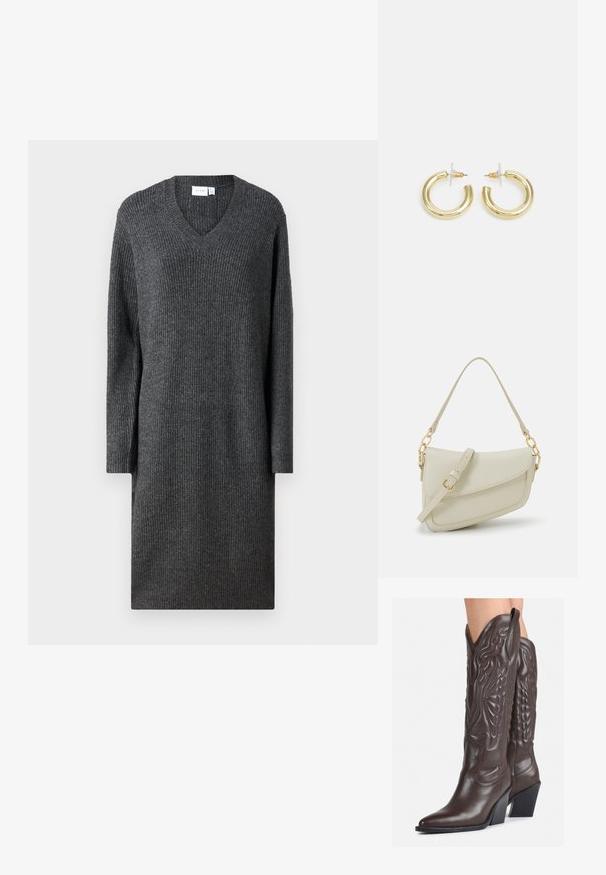 Sivý pletený šaty s výstrihom do V, dlhými rukávmi a voľným strihom. Má rebrovanú textúru a siahajú nad koleno. Jednoduchý a univerzálny dizajn.; Hnedé kožené kovbojské topánky s špicatou špičkou a blokovým podrážkou, so zložitým prešívaním a vyvýšenými akcentmi na puzdre.; Malá krémová kabelka s textúrovaným povrchom, dlhým nastaviteľným popruhom, reťazovým detailom a klopovým uzáverom. Zlaté kovové prvky.; Zlaté kruhové náušnice s hladkým, lesklým povrchom. Cirkulárny dizajn s malým steblom a jasným záznamom pre bezpečné nosenie.