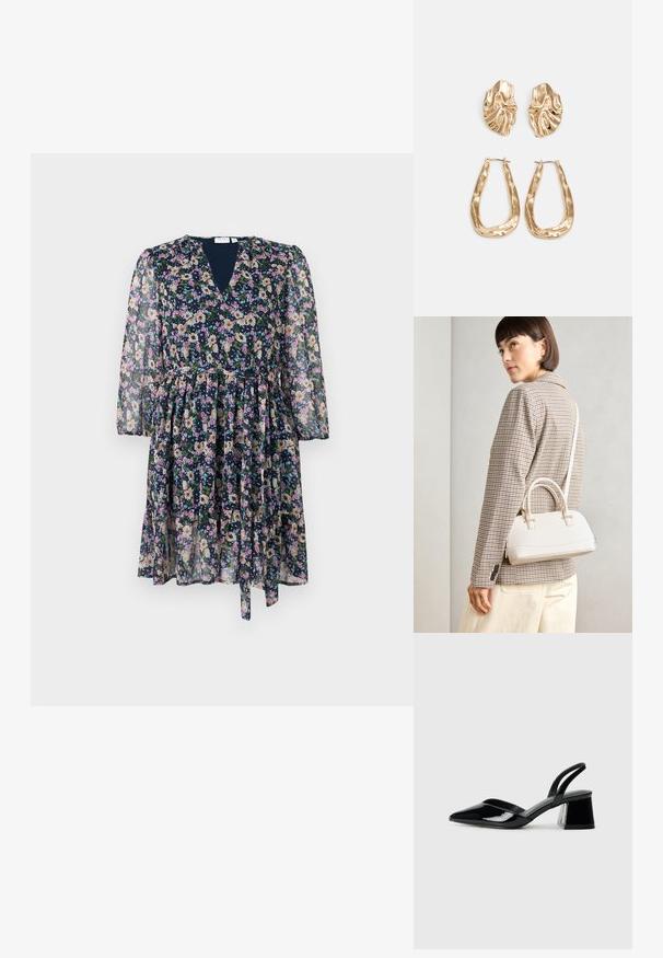 Květinové šaty z průsvitné tkaniny, s námořnickou základnou, výstřihem do V, dlouhými rukávy a nabíranou sukní s detailem na zavazování.; Černé lakované kožené lodičky na pásku s špičatou špičkou a geometrickým blokovým podpatkem. Vyznačují se elegantním, minimalistickým designem a hladkým povrchem.; Bílá strukturovaná kabelka s krátkými uchy a ramenním popruhem, zdobená zlatými kovovými prvky a texturovaným materiálem, vystavená na šedém pozadí.; Náušnice ve zlatém tónu s texturovanými, vlnitými tvary. Obsahují sochařské klipy a design otevřeného kruhu s kladivkovým povrchem.