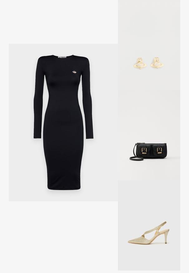 Mustaline musta midi kleit pikka varrukaga, keha lähedane siluett, valmistatud siledast kangast, millel on rinnal väike broderiit logoga.; Sädelevad kuldsed slingback kontsad terava ninaga, õhukese pahkluu rihmaga ja kitsa kandaga. Pinna peal on tekstuuriga metalliline viimistlus.; Must küllastamata nahast õlakott, millel on kaks esist nähtavat taskut, kuldsed pandlad, tõmblukuga sulgemine ja peen rihm. Tekstuuriga pind ja kompaktne ristkülikukujuline kuju.; Kullatud tooni kõrvarõngad, millel on Saturni disain, tekstureeritud ribaga ja sisse pandud ringikujulised kristallid lisasära jaoks.