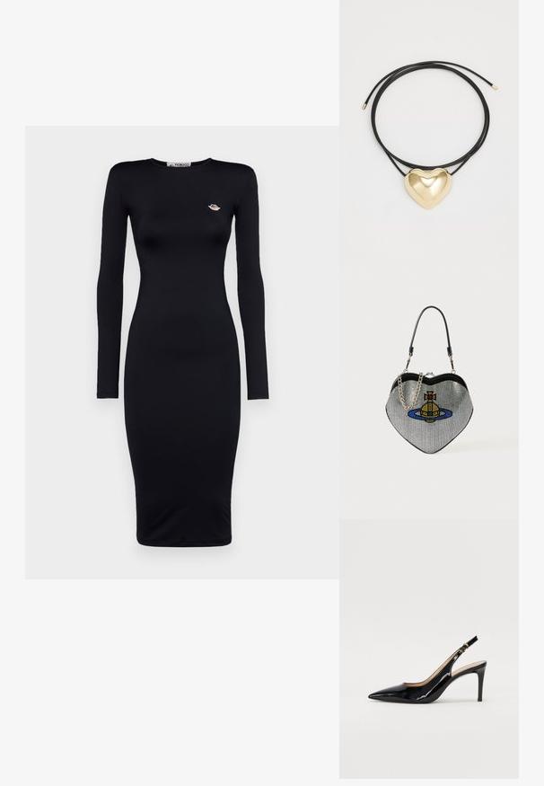 Fekete, hosszú ujjú midi ruha, testhezálló szabással, sima anyagból készült, apró hímzett logóval a mellkason.; Fekete lakk bőr kötött magassarkú cipő, hegyes orral és karcsú sarokkal, finom kivágásos dizájnnal. Az övön arany csatt található.; Szív alakú, hálós táska fényes fémes felülettel, kék, sárga és piros macska- és bolygó mintával. Fém lánc pántot tartalmaz.; Fekete fonott zsinór nyaklánc, polírozott arany szív medállal, sima vonalakkal és fényes felülettel.