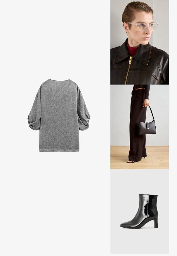 Šedý top s krátkým rukávem, volného střihu a nabíranými balónovými rukávy. Texturovaná látka s jemným vzorem a kulatým výstřihem.; Černé lakované kotníkové boty s špičatou špičkou a středně vysokým blokovým podpatkem. Hladká textura a minimalistický design.; Průhledné acetátové brýle ve tvaru kočičích očí se žlutě zbarvenými skly, které nosí osoba v tmavé kožené bundě a červeném roláku. Hladký povrch.; Černá kabelka se strukturovaným tvarem, hladkým povrchem a kovovým uzávěrem. Kombinována s širokými černými kalhotami a sandály s otevřenou špičkou na dřevěné podlaze.