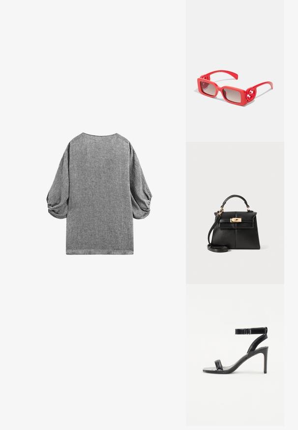 Gray short-sleeve top with a loose fit and gathered puff sleeves. Textured fabric with a subtle pattern and a rounded neckline.; Black heeled sandal with a glossy finish, featuring two slim straps and an ankle strap, set on a slender stiletto heel.; Red plastic sunglasses with square frames, gradient lens, and circular logo accents on the temples. Smooth texture with a glossy finish.; Black leather handbag with a structured design, top handle, detachable strap, and gold-tone hardware on a magnetic closure.