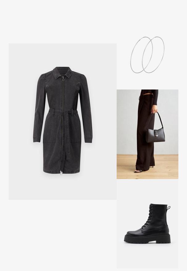 Černé džínové šaty s límečkem, dlouhými rukávy, předním zipem a páskem v pase. Obsahují dvě přední kapsy a rovný lem.; Černé kožené kotníkové boty s kulatou špičkou, šněrováním na přední straně a silnou gumovou podešví s texturovaným vzorkem. S poutkem vzadu.; Černá kabelka se strukturovaným tvarem, hladkým povrchem a kovovým uzávěrem. Kombinována s širokými černými kalhotami a sandály s otevřenou špičkou na dřevěné podlaze.; Stříbrné kruhové náušnice s minimalistickým designem. Kruh, hladký povrch a tenký profil. Lehká konstrukce s lesklým povrchem.