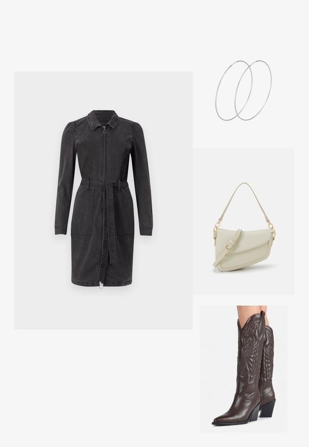 Mustat farkudressi, jossa on kauluksellinen pääntie, pitkät hihat, etuvetoketju ja vyötäröllä vyö. Sisältää kaksi etutaskua ja suoran helman.; Ruske nahkasaappaat, joissa on terävä kärki ja laatikkokorko, varustettu yksityiskohtaisella ompelulla ja kohotetuilla yksityiskohdilla varsiosassa.; Pieni kerma beige käsilaukku, jossa on teksturoitu pinta, pitkä säädettävä olkahihna, ketjua korostava yksityiskohta ja läppälukko. Kultaista metalliosaa.; Hopehope hopeilla, joissa on minimalistinen muotoilu. Pyöreä muoto, sileä pinta ja ohut profiili. Kevyet ja kiillotetut.