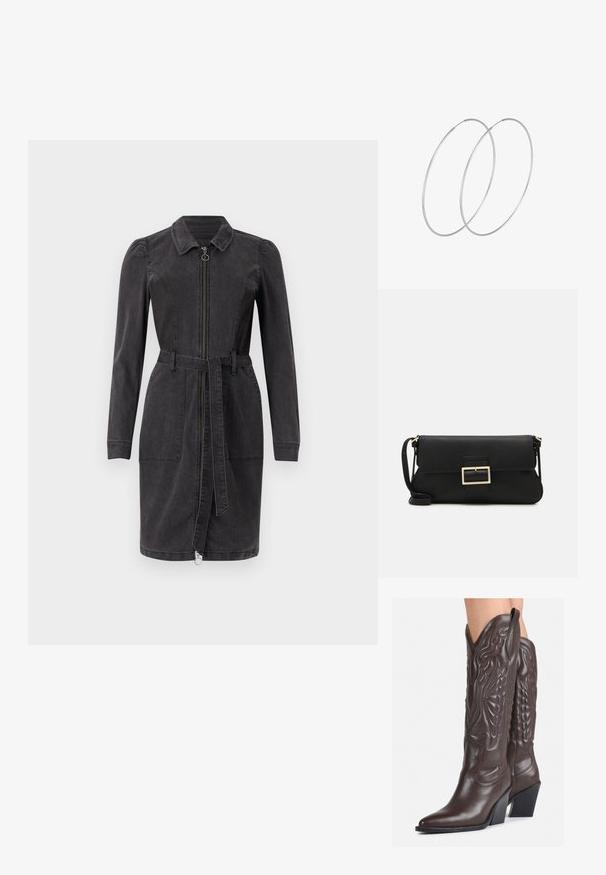 Mustast denim kleit, millel on krae, pikad varrukad, esi lukuga sulgemine ja vöökoht. Omab kahte esi taskut ja sirget lõhikut.; Pruunid nahast cowboy saapad terava varbaga ja plokk-kandaga, millel on detailne tikand ja kergelt tõstetud aktsendid varrel.; Must haben musta nahkklahviga kott, millel on klapp ja kuldne metallist pandla detail. Kaasas must rihm ja stiilne, minimalistlik disain.; Hõbedased rõngastikkaehingad minimalistlikus disainis. Ümar kuju, sile tekstuur ja õhuke profiil. Kerged ning poleeritud viimistlusega.