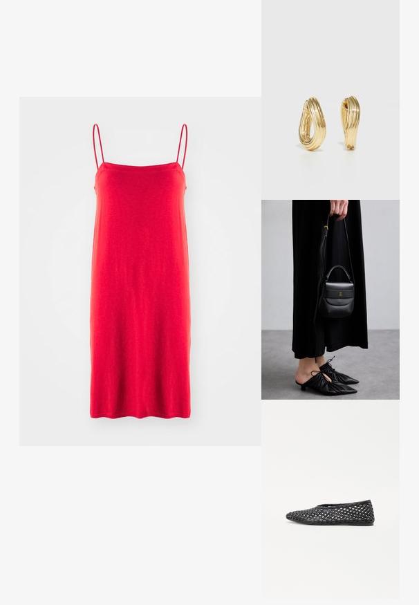 Červené špagetové šaty, vyrobené z ľahkej látky, jednoduchý rovný strih, hladká textúra, pol dĺžky, bez vzorov či akcentov.; Čierne tkané nazúvacie topánky s mriežkovým dizajnom, plochou podrážkou a hladkým gumovým materiálom, ktoré poskytujú priedušnosť a flexibilitu.; Malá čierna kožená kabelka zaobleného tvaru, s hornou rukoväťou a odnímateľným popruhom. Nosená s čiernymi látkovými šatami a čiernymi plisovanými topánkami.; Náušnice v zlatej farbe vo forme kruhu s točiacim sa dizajnom, s drážkovanou textúrou a hladkým povrchom. Ľahká a prázdna konštrukcia.
