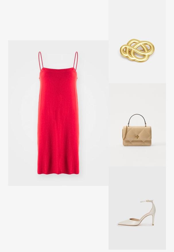 Červené šaty na tenkých ramínkách, vyrobené z lehkého materiálu, jednoduchý rovný silueta, hladká textura, střední délka, bez vzorů nebo akcentů.; Bílé kožené lodičky na vysokém podpatku s špičatou špičkou, kotníkovým páskem a štíhlým jehlovým podpatkem. Hladká textura s mírným lesklým povrchem.; Prošívaná béžová kožená kabelka se zlatou kovovou bižuterií, řetízkovým popruhem a horní rukojetí. Obsahuje přední klopu a podpisový detail loga.; Brož ve zlatém tónu s uzlovým vzorem, hladkými zakřivenými liniemi a složitým tvarem, odrážející lesklý povrch.