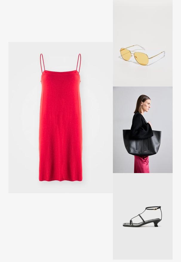 Abito rosso con spalline sottili, realizzato in tessuto leggero, silhouette dritta semplice, texture liscia, lunghezza a metà polpaccio, senza motivi né accenti.; Sandalo in pelle nera con punta quadrata, cinturini sottili, cinturino alla caviglia regolabile e tacco basso. Presenta un piccolo accento dorato sul cinturino.; Occhiali da sole aviatori color oro con lenti gialle, montatura in filigrana sottile, cuscinetti per il naso e punte in plastica trasparente sugli steli.; Borsa tote in pelle nera con finitura texture, dotata di due linee verticali, doppie spalline e un design minimalista.
