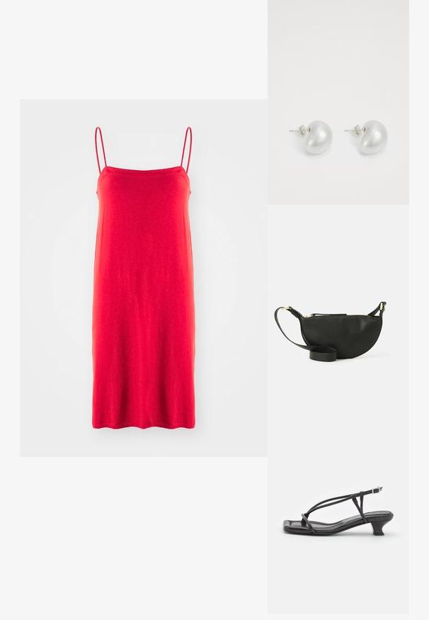 Punainen spaghettiolkaimen mekko, valmistettu kevyestä kankaasta, yksinkertainen suora siluetti, sileä textura, puolipitkä helma, ei kuvioita tai yksityiskohtia.; Musta nahkasandaali ohuilla remmeillä, matalalla lohkokannalla ja neliönmuotoisella varpaalla. Varustettu soljella ja sileällä pinnalla.; Mustikkavärinen nahkainen crossbody-laukku, jossa on puolikuun muoto, teksturoitu pinta, kultainen vetoketju ja litteä olkahihna. Kompakti muotoilu, joka sopii välttämättömyyksille.; Hopeakiharat korvakorut, joissa on kaareva, pavun muotoinen muoto. Pehmeä, kiiltävä pinta, ja kiinnitysvarusteena on nuppi ja tausta.