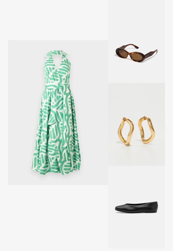 Zelena in bela halter obleka z ovito zasnovo, prilegajočim bodijem in dolgo krilo z vzorcem listov ter pasom.; Paul Smith TOPANGA - Balerinke - black; Sonce glasses iz mačje kože z ovalnimi lečami, rjavim tonom in zlatimi detajli na rokavih. Gost okvir z sijočim finišem in gladko teksturo.; Zlate uhane iz krogov s krivuljasto, nepravilno obliko in gladko, polirano površino. Brez vidnih dodatkov ali okrasitev.