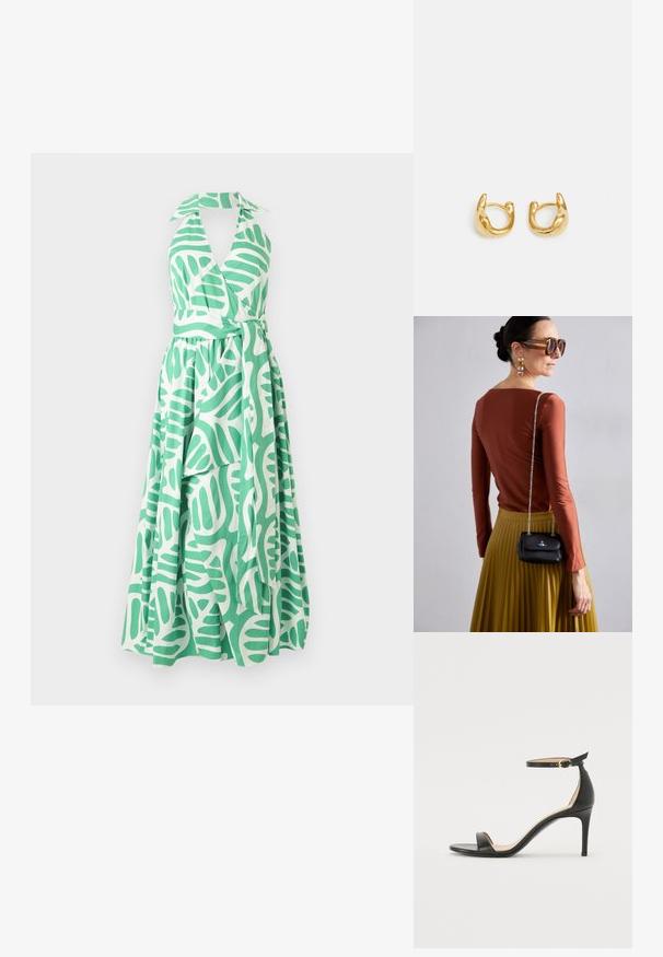 Grön och vit halterneckklänning med en omslagdesign, en åtsittande liv och en lång kjol med bladmönster och bälte i midjan.; Svart läder högklackad sandal med ankelrem. Har en mjuk yta, öppen tå och en tunn klack. Guldtonad spänne som detalj.; Vivienne Westwood SMALL PURSE CHAIN - Axelremsväska - black; Guldörhängen med en slät, rund design och en polerad yta. Örhängena har en kompakt, tjock form och en sömlös spänne.