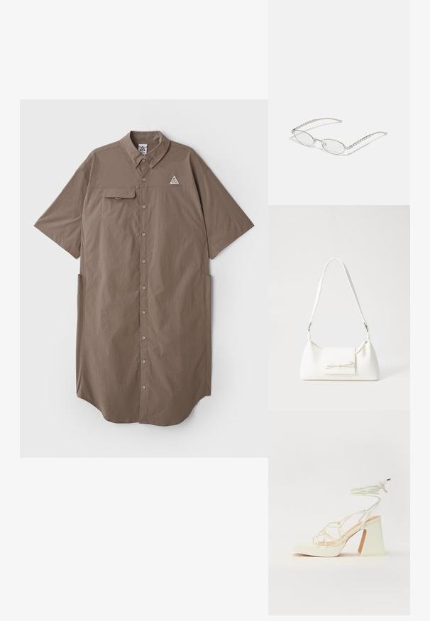 Hnědé šaty košilového střihu s krátkým rukávem, s límečkem, zapínáním na knoflíky vpředu, jednou náprsní kapsou a logem na levém horním prsu.; Bílé sandály na vysokém podpatku s robustním podpatkem, s designem s pásky a zavazováním kolem kotníku. Hladký povrch s platformou vpředu pro zvýšení výšky.; Oválné brýle s metalickým stříbrným rámem, čirými skly a texturovanými korálkovými akcenty na spáncích. Lehce provedení s zakřivenými nohama.; Bílá syntetická kabelka v trojúhelníkovém tvaru, s plochým předním klopným víkem a detailem mašle, nastavitelným popruhem, hladkým povrchem a minimalistickým designem.