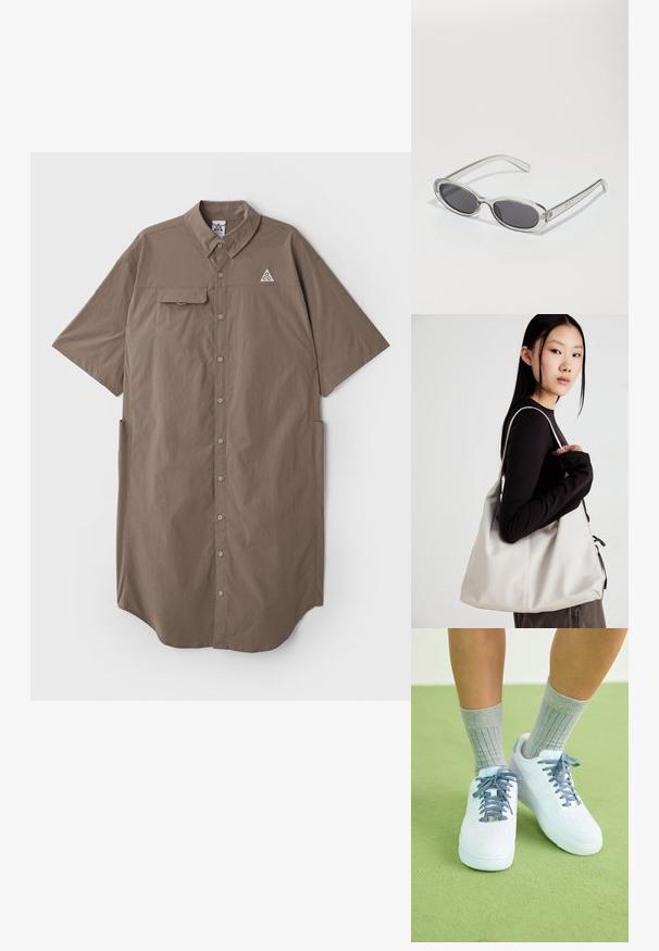 Barna, rövid ujjú ingruha, galléros nyakkal, gombos elejével, egyetlen mellzsebbel és logóval a bal felső mellrészen.; Fehér bőr sportcipő kék akcentusokkal, perforált orrdesignnal és texturált kék-fehér cipőfűzőkkel, szürke bordás zoknikkal viselve.; Ovális formájú napszemüveg, átlátszó műanyag keret, sötétszürke lencsék és vékony, átlátszó szárak, logóakkcentussal és minimális díszítéssel.; Puha anyagból készült bézs kézitáska, laza dizájnnal, varrott részletekkel és két vállpánttal. Mindennapi használatra alkalmas.