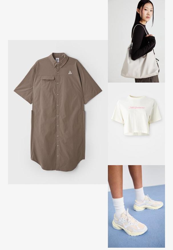 Brąsłowa sukienka koszulowa z krótkim rękawem, z kołnierzykiem, zapinana na guziki, z jedną kieszenią na piersi i detalem z logo na górnej lewej stronie klatki piersiowej.; Krótka, kremowa koszulka wykonana z bawełny. Posiada różowy haftowany logo z napisem "Nike Sportwear". Krótkie rękawy i okrągły dekolt.; Smukłe buty sportowe w jasnym żółtym i białym kolorze, wykonane z siateczki i materiałów syntetycznych, o zaokrąglonym kształcie i teksturowanych podeszwach.; Beżowa torebka wykonana z miękkiego materiału, charakteryzująca się luźnym fasonem, wyszywanymi detalami i dwoma uchwytami na ramię. Idealna na co dzień.