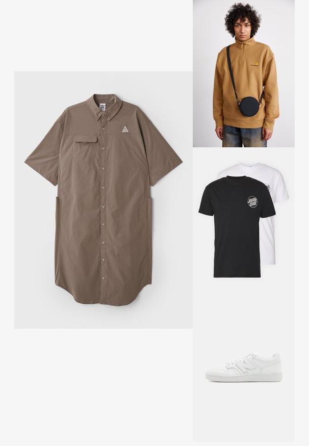 Ruda suknelė trumpomis rankovėmis su apykakle, mygtukų priekyje, viena krūtinės kišenė ir logotipo detalė kairiajame viršutiniame krūtinės kampe.; Dviejų marškinėlių komplektas: vieni juodi, kiti balti. Abu turi trumpas rankoves ir apvalų logotipą ant krūtinės kontrastingos spalvos. Pagaminti iš medvilnės.; Balti sportbačiai, pagaminti iš lygaus odos, su perforuota nosimi, tekstūruotu guminiais padais, plokščiomis raištelėmis ir ryškiu 'N' logotipu šone.; Rudas ketvirčio užtrauktuko vilnos švarkas su siuvinėtu logotipu, derinamas su juodu apvaliu per petį nešiojamu krepšiu su užtrauktuku ir logotipo detale, dėvimas virš džinsų.