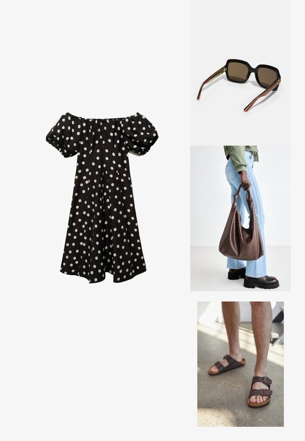 Rochie neagră fără umeri, cu buline albe, mâneci bufante și o siluetă fluidă. Fabricată dintr-un material ușor, cu o textură fină.; Sandale din pielă maro, cu două catarame ajustabile, talpă din plută și talpă din cauciuc texturat, purtate pe picioarele goale pe un podea de beton.; Ochelari de soare supradimensionați negri cu lentile maro. Dispun de brațe unice cu dungi în verde și roșu, precum și accente din metal aurie. Formă pătrată.; Geantă tote din piele împletită, maro, cu mânere noduri, purtată de o persoană îmbrăcată cu blugi albastru deschis și pantofi negri cu talpă groasă. Suprafață netedă și texturată.