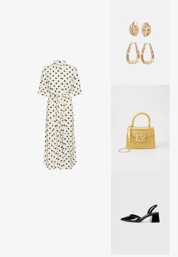 Krémy šaty s čiernymi bodkami, zapínanie na gombíky vpredu, krátke rukávy a viazanie v páse. Hladká látka, dĺžka po členky, voľný strih.; Čierne lakované kožené sandálové podpätky s špicatou špičkou a geometrickým blokovým podpätkom. Disponujú elegantným, minimalistickým dizajnom a hladkým povrchom.; Žltá falošná krokodília kabelka so štruktúrovaným dizajnom, horným držadlom, odnímateľným reťazovým popruhom a dekoratívnym kryštálovým ozdobením na zapínaní.; Náušnice v zlatej farbe s textúrovanými, vlnitými tvarmi. Obsahujú sochárske klipsové náušnice a otvorený tvar krúžku s kladivkovým povrchom.