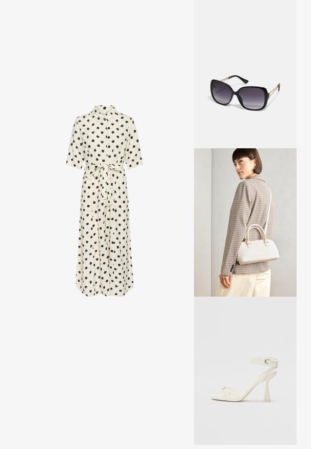 Kermanen mekko mustilla pilkuilla, napitettavat etuosat, lyhyet hihat ja solmittava vyötärö. Sulavaa kangasta, nilkkapituisuus, löysä siluetti.; Valkoinen nahkainen strappisaapas, jossa on virtaviivainen muotoilu, läpinäkyvä lohko-osa ja koristeellinen elementti varpaassa.; Mustat ylisuurten kehysten aurinkolasit, joissa on liukuväri-linssit, paksut kehykset ja kultasävyiset ketjustuskoristeet temppeleissä.; Valkoinen rakenteellinen käsilaukku, jossa on lyhyet kahvat ja olkahihna, varustettu kultaisilla metalliosilla ja tekstuurilla, esillä harmaata taustaa vasten.